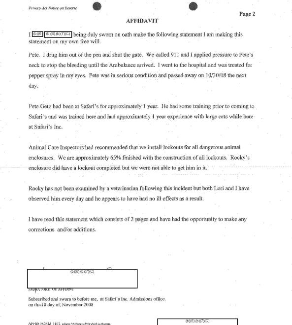 Kurt Beckelman's sworn affidavit JPEG pg 2 of 2 to the USDA re liger attack, testimony given Nov 18, 2008